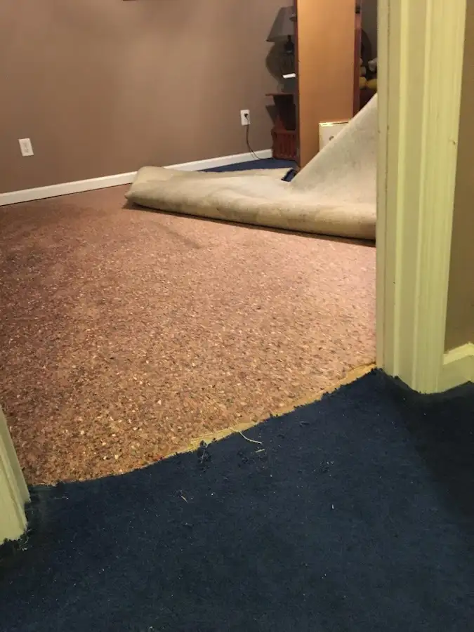 Carpet pad removal revealing water damage during Water Mitigation Services in Magna